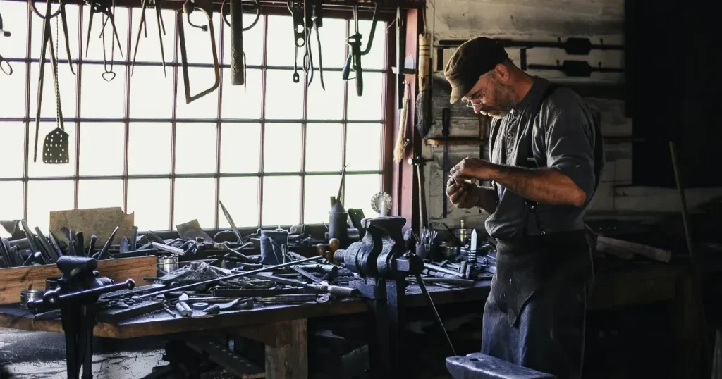 A craftsman is making products inside the factory.