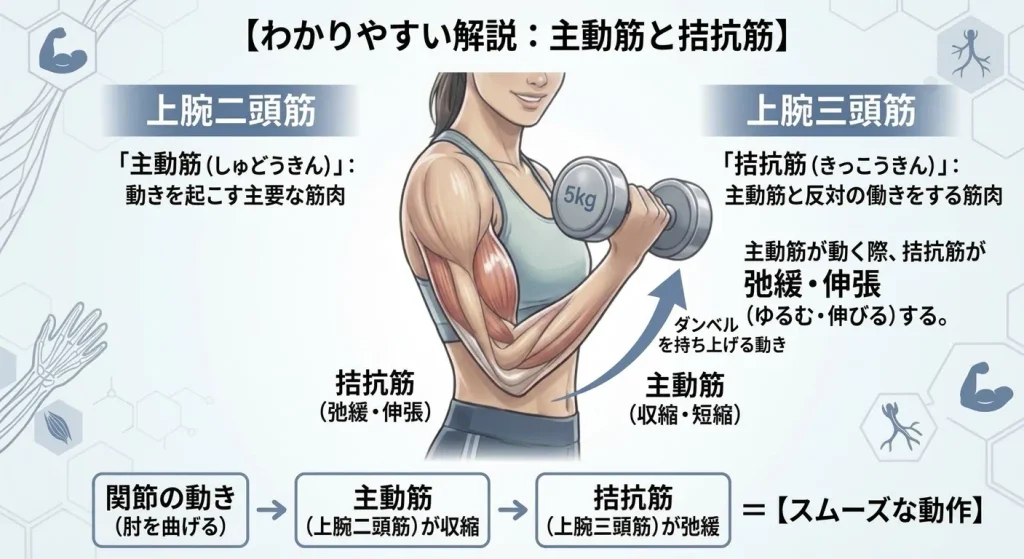主動筋と拮抗筋についての解説画像